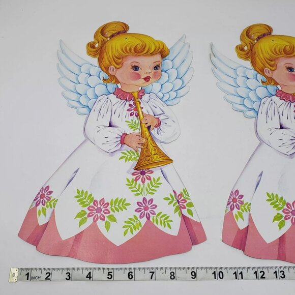 Vtg (2) Diecut Cardboard Angel USA Christmas Angelic Girl Plays Trumpet Horn - Picture 6 of 7